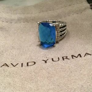 David Yurman Wheaton Ring with blue topaz and pave diamonds 6.75